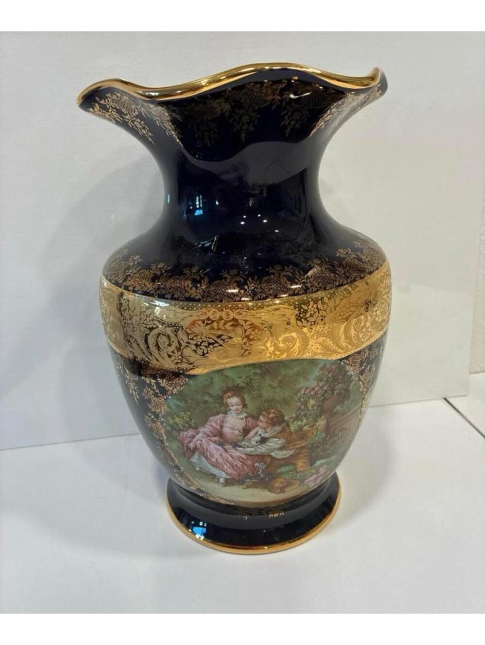 Vintage Impéria Limoges Porcelain Vase Cobalt Blue Gold Painted Scene